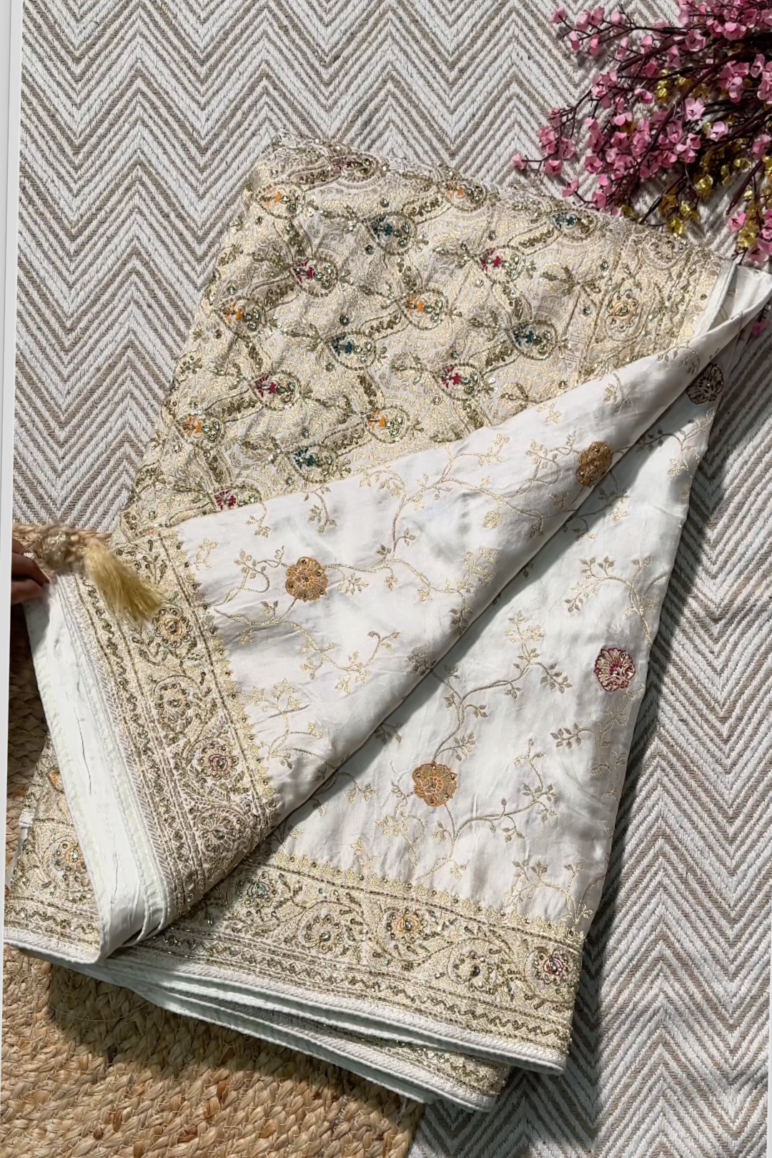 Ivory Silk Unstitched Saree Embellished With Sequins, Cutdana, Zarkan, Dabka & Stone Work